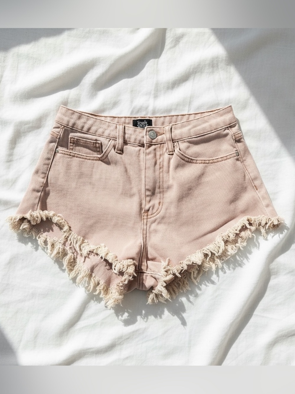 Simple Society 5/27 (XS) Tan High Rise Frayed Fringe Denim Shorts Western Boho - Picture 2 of 7